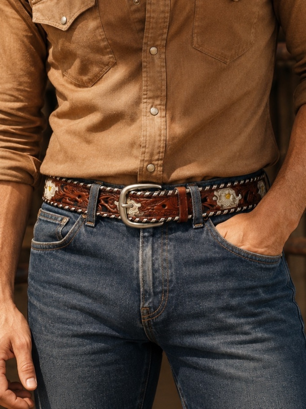 Vintage Brown Tooled Leather Western Belt Size 31–35 Floral Buckstitch